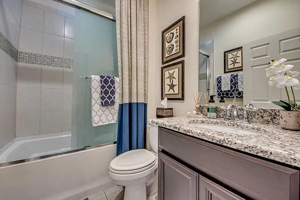 Guest bathroom with tub/shower combo, granite vanity, gray cabinets, and nautical art
