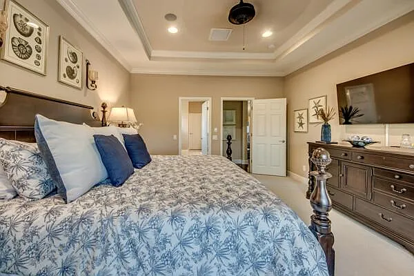 Master bedroom with king four-poster bed, tray ceiling, blue/white bedding, TV dresser