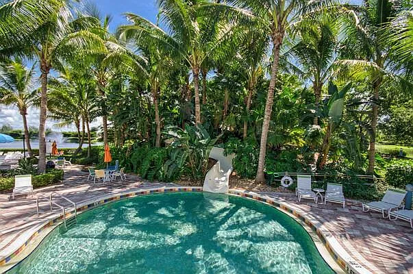 Sandoval community pool with water slide and palm trees — ground level view
