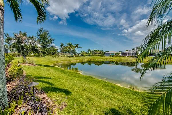 Serene lake view from the rear yard with palm trees and blue sky
