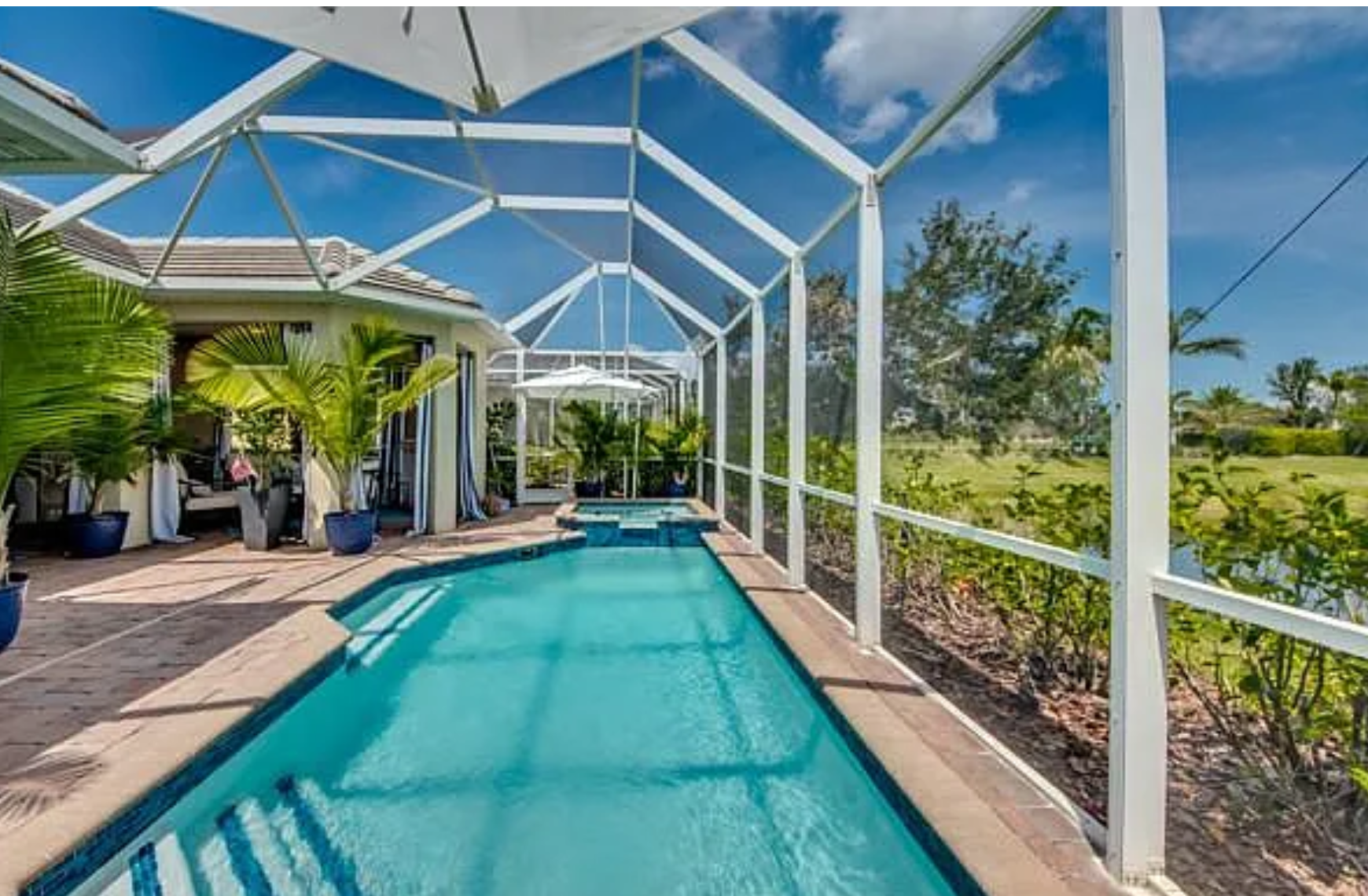 Side view of the lap pool and screened lanai framed by palms